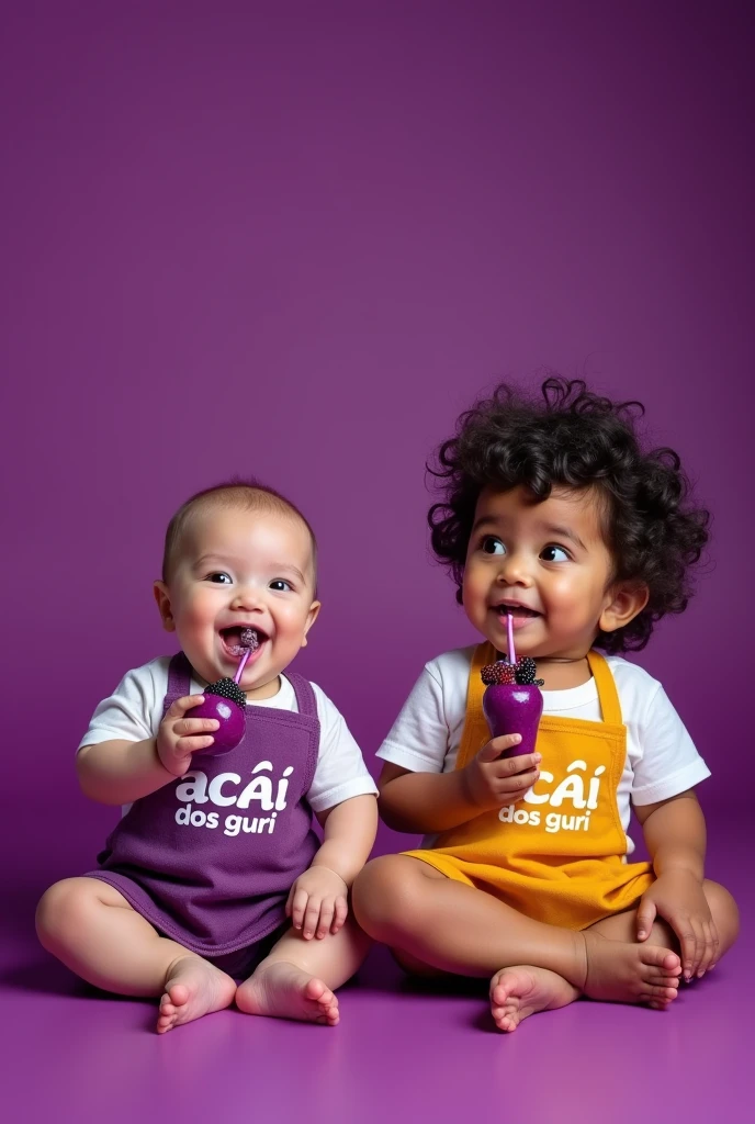 A 4 month old baby with light eyes and hair, wearing an apron with the words açaí dos guri written on it. And a 4 year old boy with dark hair and eyes , wearing an apron with the words açaí dos guri written on it. Photo for a commercial selling açaí, enhance the purple background