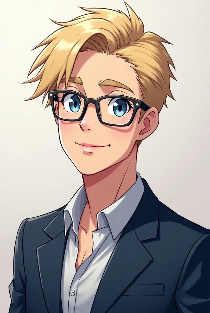 A tall man, blonde with straight hair thrown to one side, Wear glasses, your eyes are blue, wears a blue suit, He's nice , happy and shy