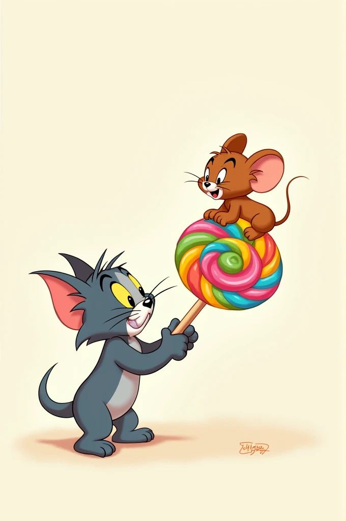 Generate image of Tom and Jerry with lollipop 🍭 happy make it cute with no background