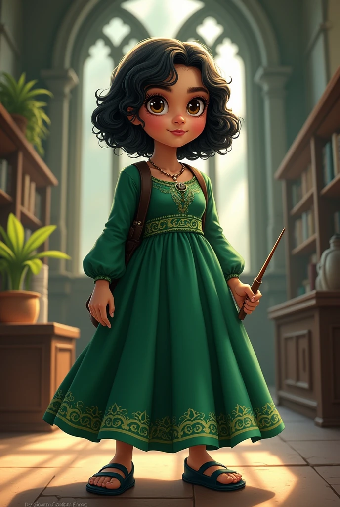 Fb cover Photo of indian 25 years old girl, chubby little bit,bright eyes, clear eyes,smooth soft skin, black short curly hair, soft lighting, detailed face standing in a Hogwarts with a wand. Wearing slytherin dress. Cartoon style pleasw