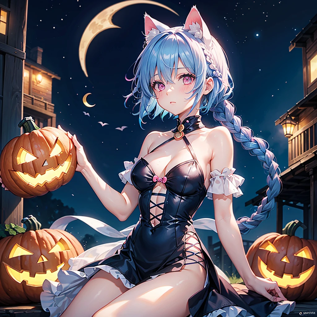 (Sky blue hair),(Braided short hair), (Pink Eyes),Fair skin) ,(whole body),(One Girl),(Crescent Moon),(There are lots of pumpkin ghosts in the background),Cat ear,Cat's Tail,(Sailor suit),(Ahegao),(Fall into Darkness),If you don't give me sweets, I'll play a prank on you.),Halloween Night Party),(masterpiece, Highest quality, Very detailed, Best Shadow), (Detailed Background), (Beautifully detailed face), High Contrast, (Best lighting, Very delicate and beautiful), ((Cinematic Light)), Hyper Detail,8k, Dramatic Light, Intricate details,night,(Bats flying in the background),High quality