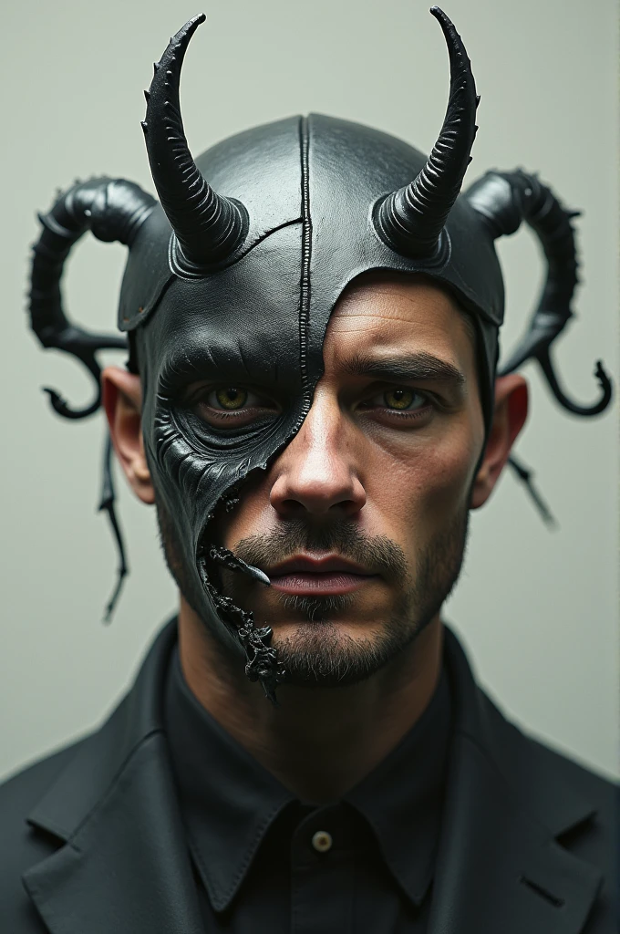 A man with half the face of a rhinoceros beetle as if he were transforming 