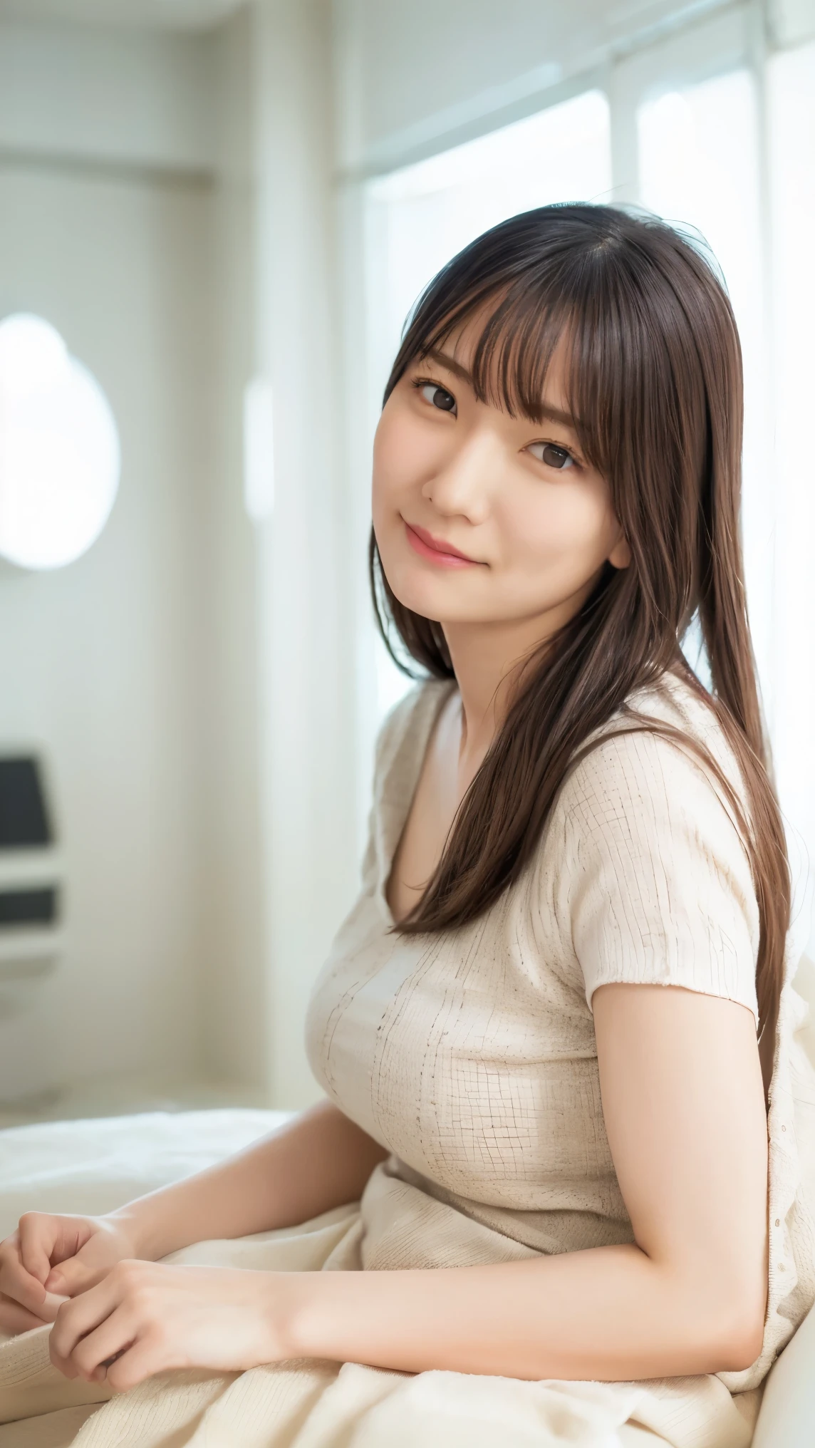 Everything modern:1.66, Cute Japanese Women Photos, smile, 20-year-old, Oil and hair palm for one-length straight hair:1.55, (photo Realistic:1.4), (hyper Realistic:1.4), (Realistic:1.3), (Smoother lighting:1.05), (Improving the quality of cinema lighting:0.9), 32K, 1 girl,20-year-oldの女の子, Realistic lighting, Backlight, The light shines on your face, Ray Tracing, (Bright light:1.2), (Improvement of quality:1.4), (Highest quality Realistic textured skin:1.4), fine grain, Detailed face,(smile:1.0), (Emphasis on face close-up:1.3), (Enhances the beauty of skin texture:1.1),((Extremely precise and accurate anatomy:1.0)), (Enhances the beauty of skin texture:1.1), Clean and glowing skin, mesh, thin:1.2, (Realistic:1.3), Realisticなライティング, (Smoother lighting:1.05), 32K, One Japanese woman, fine grain, Detailed face, (Film Grain:1.1),(Accentuates body lines:1.1), High resolution, Natural look, Kind eyes, Improves hair quality, Delicate light and shadow, Transparent muscles, Graceful pose, Beautiful Eyes, Sharp details, Soft light reflection, Beautiful contours, Delicate skin tone, Fine hair texture,Cute Japanese Women Photos,