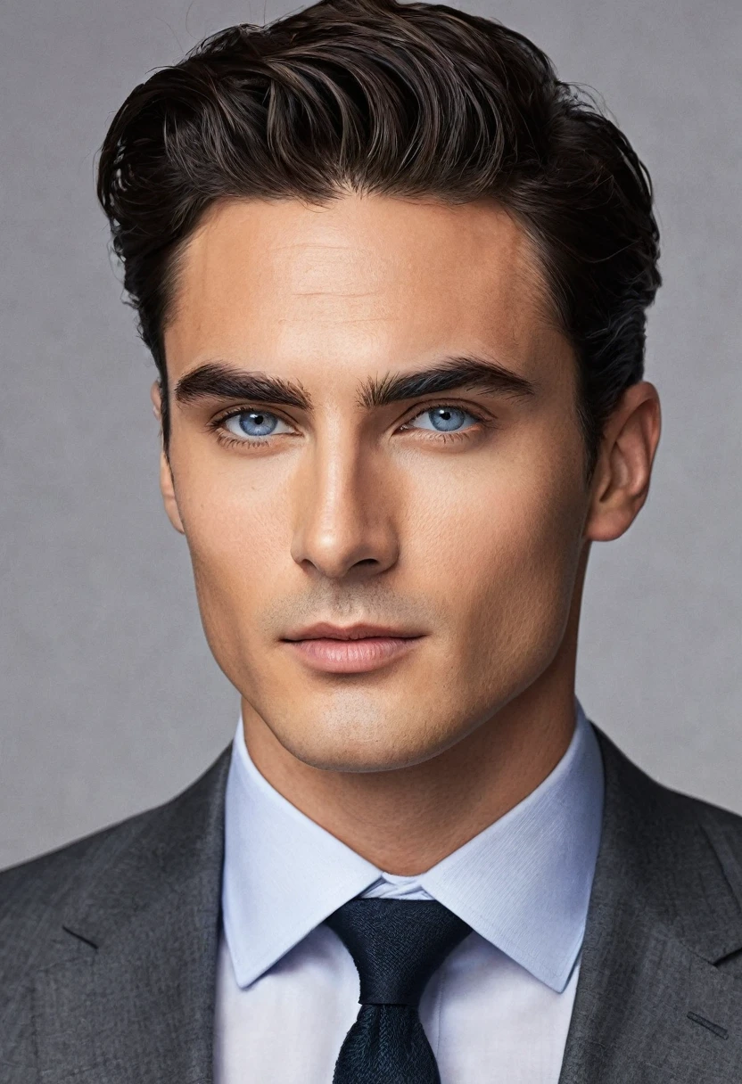 He is a man of Italian descent with striking European features. His oval, symmetrical face showcases slightly high cheekbones and a strong jawline that accentuates his well-defined chin. His fair skin, with a golden undertone and a slight tan, suggests moderate sun exposure. His deep blue eyes, with a hint of gray, are almond-shaped, medium-sized, and slightly tilted upward, conveying an alert and intense expression, framed by dark, thick eyebrows. The straight nose is well-proportioned to his face, with a high bridge and a well-sculpted tip, complementing his elegant features. His mouth, with medium-thick lips of a rosy hue, maintains a defined contour, forming a firm line when closed. His dark hair, ranging from dark brown to black, is dense and slightly wavy, styled back smoothly in a modern fashion. The ears, proportional and discreet, complete the harmony of his well-sculpted face.