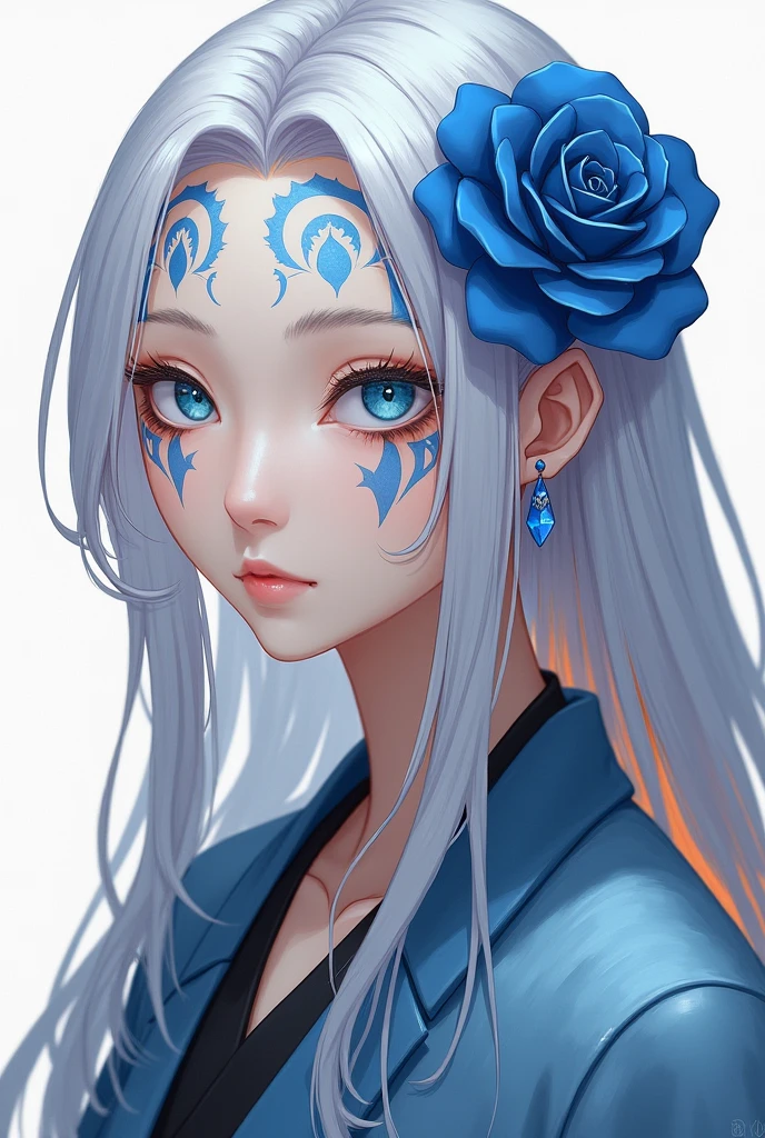 A female version of Akaza, chamada Akaza Hakuji, maintains its demonic appearance, but with a softer, more graceful touch. She has long, straight hair., in a bluish-white tone, with orange highlights at the ends of the hair and bangs in Korean style, that fall softly on your forehead. Your eyes still shine with an intense sky blue color, and their tribal marks remain, drawing symmetrical patterns on your face and body. To add a delicate detail, she wears a blue rose earring, symbolizing both her strength and enigmatic beauty.