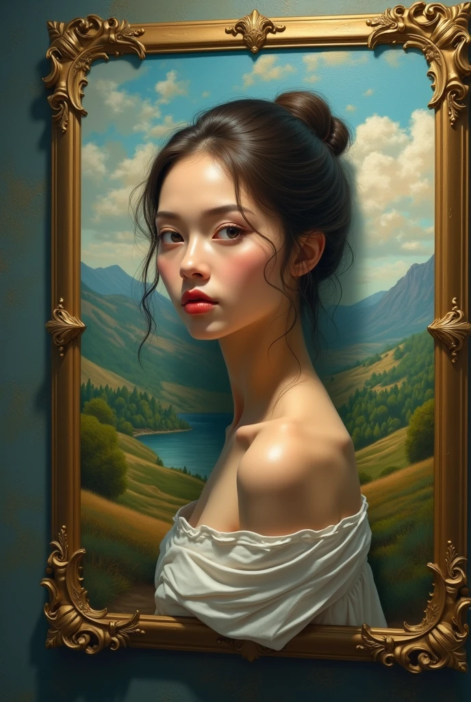 Image of a woman with her head and one arm outside a painting