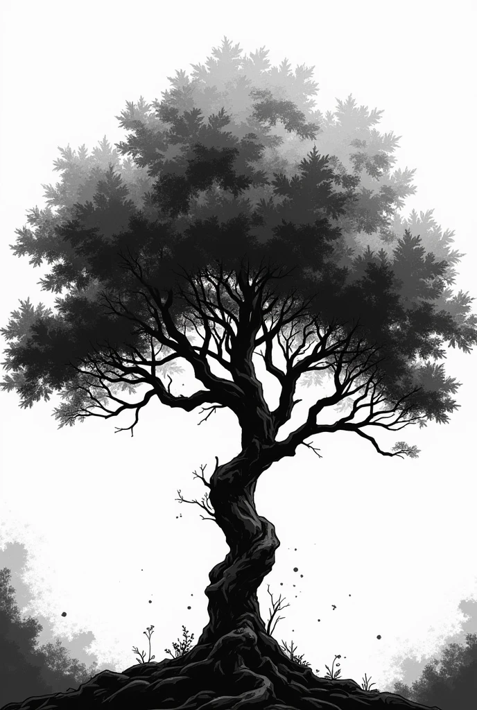 I want you to create a tree of the aroeira species in manga version (black andwhite) without being crooked! And I want the tree&#39;s outline similar to the Demon Slayer manga. Por favor, with traces of mango, i.e., no shadows. I want a white tree with Ashuras and manga textures! Pleaseeee
