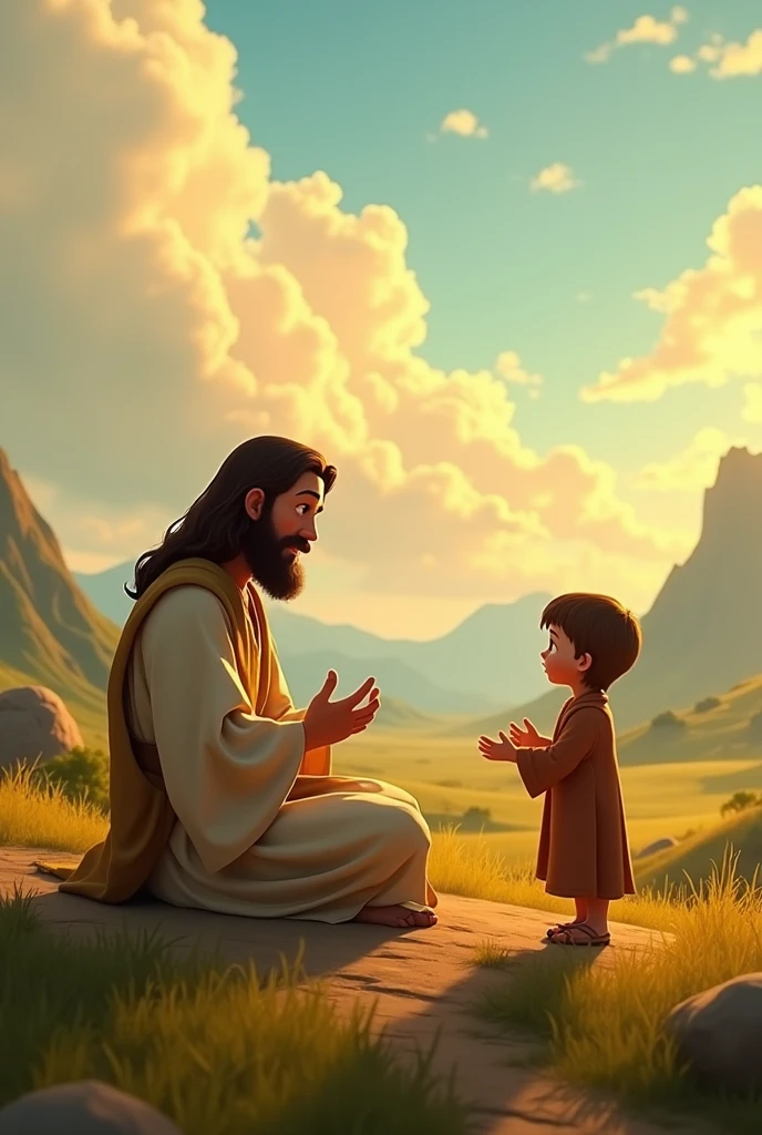 JESUS TAUGHT SITTING IN A VALLEY PUTTING A CHILD IN THE CENTER IN FRONT OF THE PEOPLE PIXAR STYLE