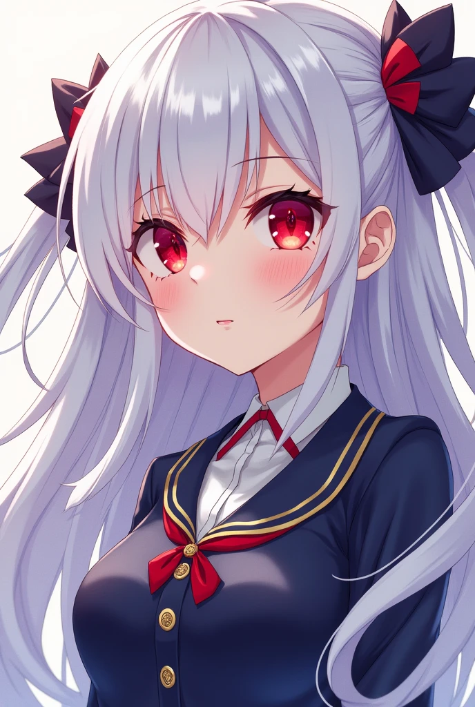 Anime girl with long white hair and red eyes in UA uniform