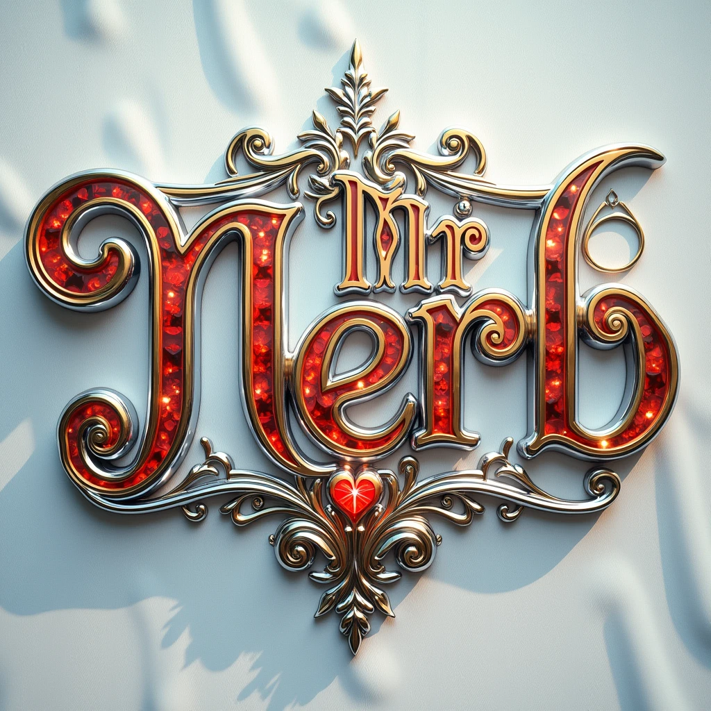 (text:"Mr Nerb") The words, in Art Nouveau fancy script text direct lighting front face view, matching border flourishes, bright polished reflective silver chrome with tropical reflection, vivid coloured glowing glass decorative inserts, on white silk background, art nouveau, flowing shapes and flourishes, bright sparkling highlights on text, lens flare, logo, badge, emblem, insignia, label, photorealistic, extremely detailed, beautiful, unique, epic, cinematic,