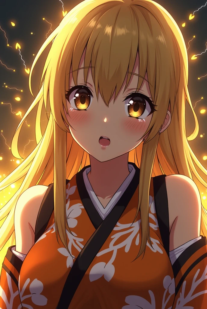 Realistic, Extreme close up, Create an image of an intense anime character girl long hair, natural medium breast, a little cleavage, with spiky, golden-yellow hair. Holding samurai, The character appears to be in a dramatic moment, with tears streaming down her face and a determined expression. She is wearing a traditional Japanese-style outfit with a distinctive orange and black pattern. The background is dark and dynamic, with sparks, yellow lighting, thunder and energy surrounding the character, enhancing the intense atmosphere.