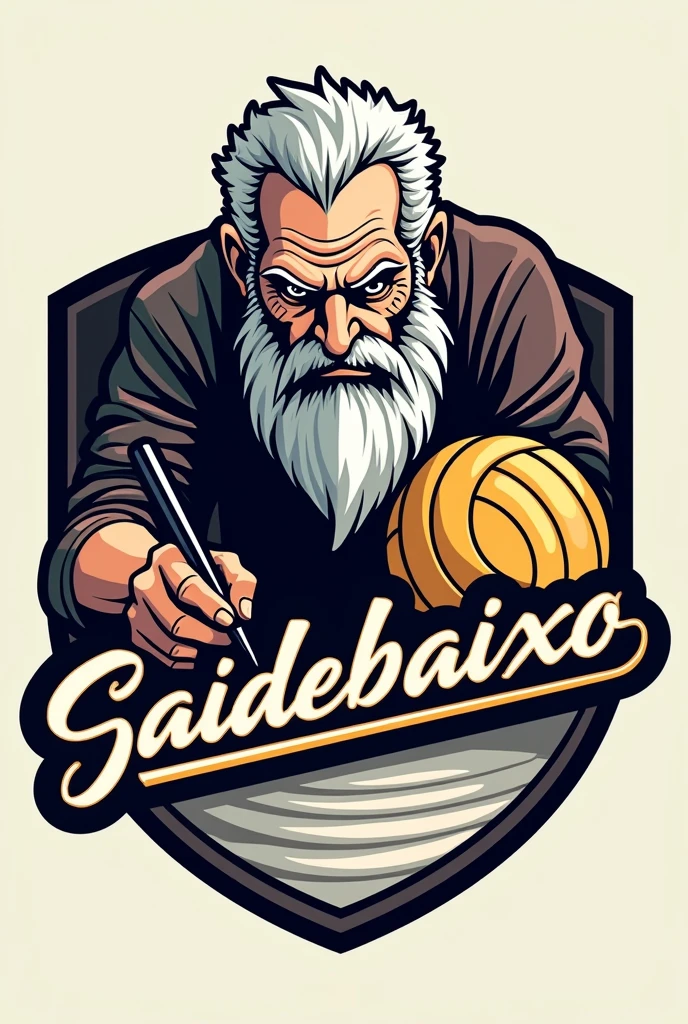 Emblem of a volleyball team called Saidebaixo With a volleyball and a bearded old man writing Saidebaixo