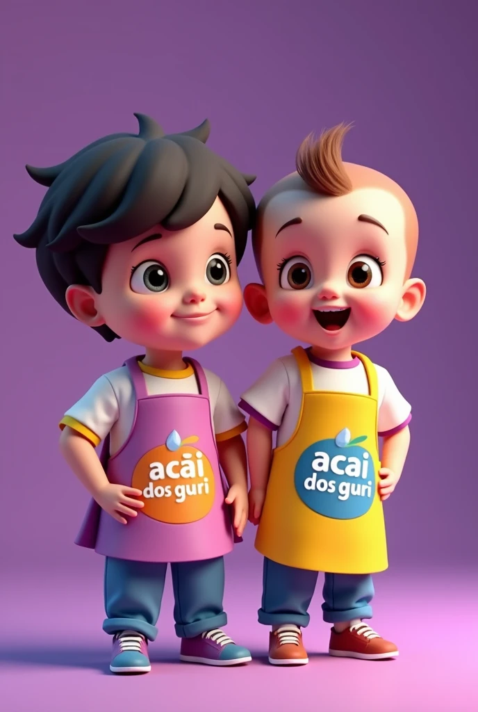 A 4 month old baby with light eyes and hair, wearing an apron with the words açaí dos guri written on it. And a 4 year old boy with dark hair and eyes , wearing an apron with the words açaí dos guri written on it. Photo for a commercial selling açaí, enhance the purple background. Cartoon style photo