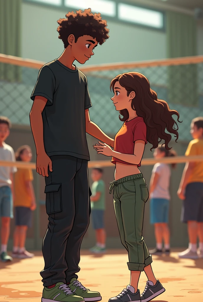 A tall brown boy with short curly brown hair in black cargo pants and a black shirt helping a very white, fat, short girl with long curly brown hair in a cropped top and baggy pants who got hit in the face by a ball in class, two teenagers and people around them playing volleyball