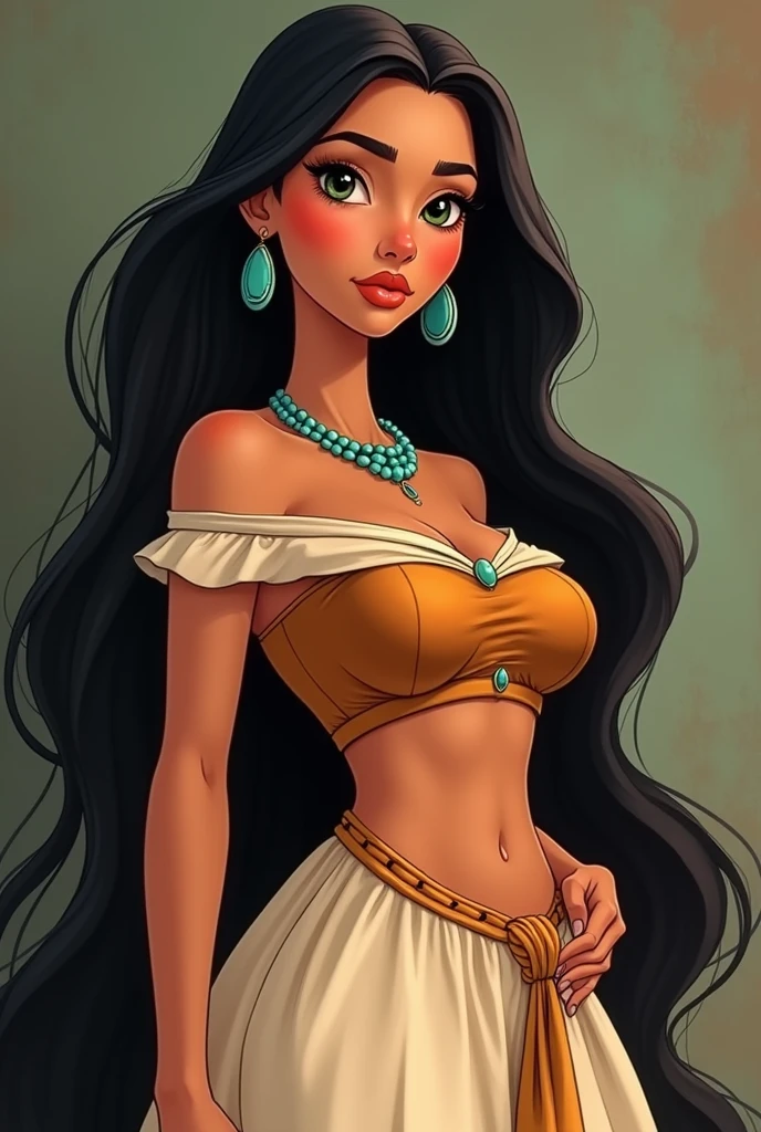 Una caricatura de una mujer con un vestido marron-blanco y cabello largo y negro y de ojos naranja-verde fusionado., Pocahontas, portrait of Pocahontas, portrait of a young Pocahontas, estilo artístico de disney, arte conceptual de disney, arte al estilo de disney, princesa &#39;kida&#39; kidadagash, hermosas fotos de avatar, estilo de personaje de disney, hermosa pintura de personajes, Lalisa Manoban de Blackpink,(beautiful makeup :1.2), Wide hips, big, big ass, (best quality, 8K, masterpiece: 1.3), Clear focus: 1.2, Perfect body beauty: 1.4, strong abs, Very detailed face and skin texture. , detailed eyes, double eyelids, (long hair), having very marked curves, with greater volume in ((hips and breasts)), which makes the waist look much smaller ((wasp waist)).