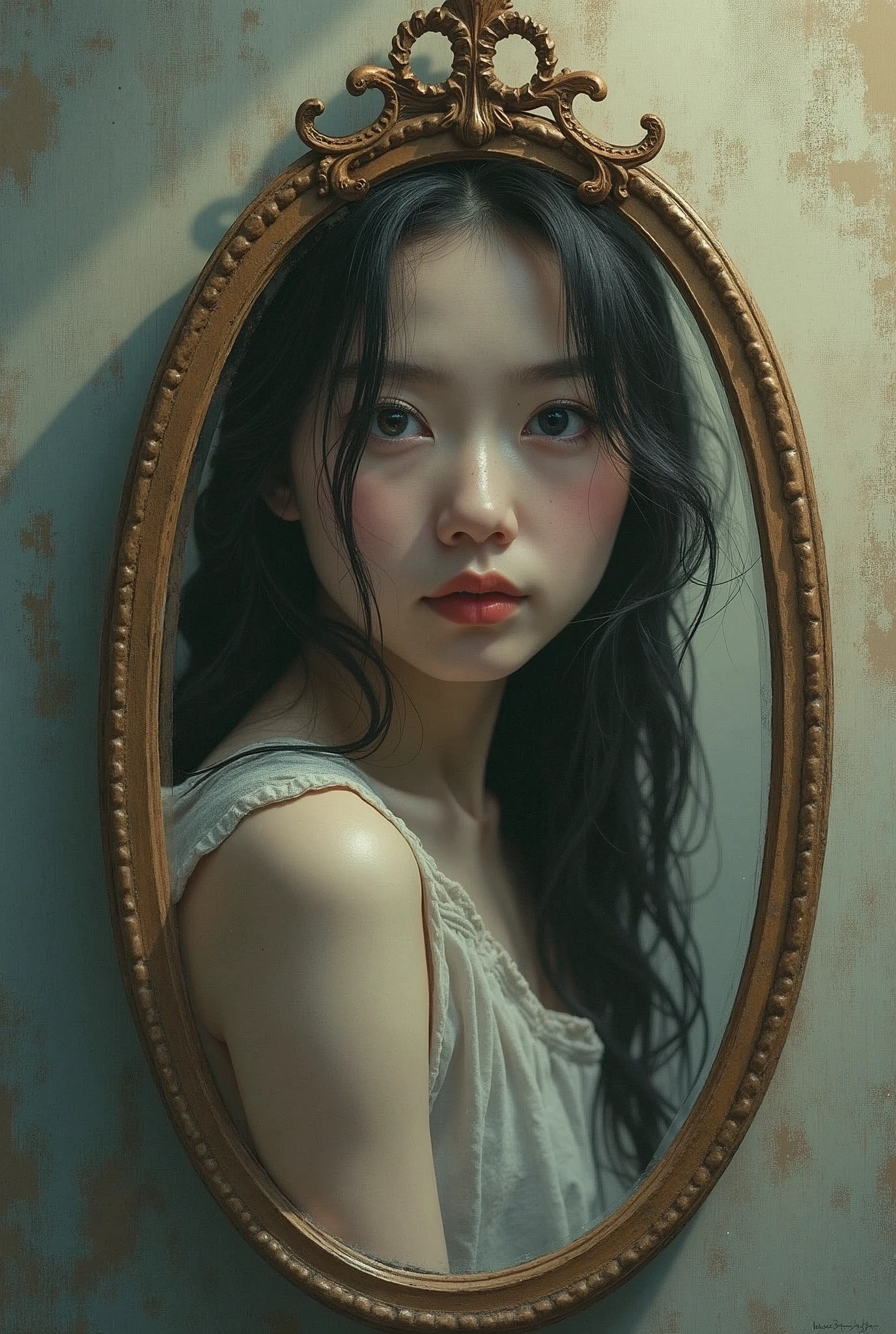 I imagine a mirror that reflects a distorted or altered image of reality, perhaps with a detail that doesn't quite fit. The mirror represents the fidelity of movement to reality, while distortion reflects the introduction of the enigmatic and the inexplicable.