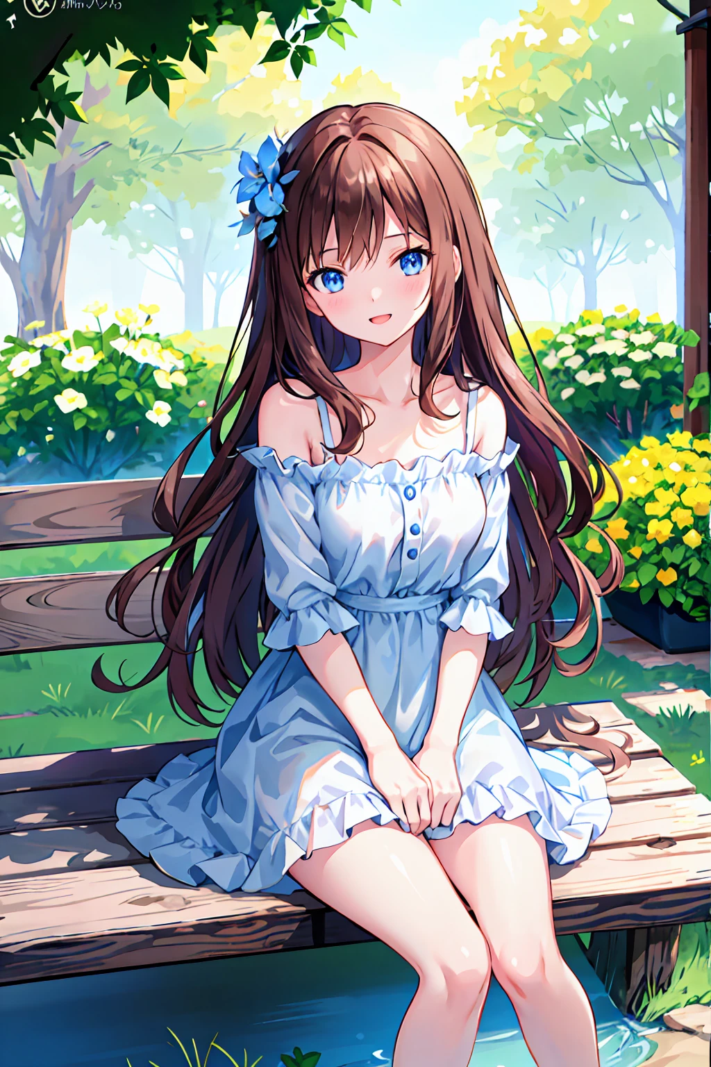 woman,22 years old,Medium-long brown hair,With bangs,Wearing a corolla,blue eyes,Laughter,Denim dress,Sitting on a bench holding a white cat,blue flower field，Small breasts，Flat chest，((Highest quality)), (Very detailed), (High-definition CG synthesis 8k wallpaper), 高いly detailed,  高い-definition raw colbor photos, Professional photography,  Written boundary depth,，