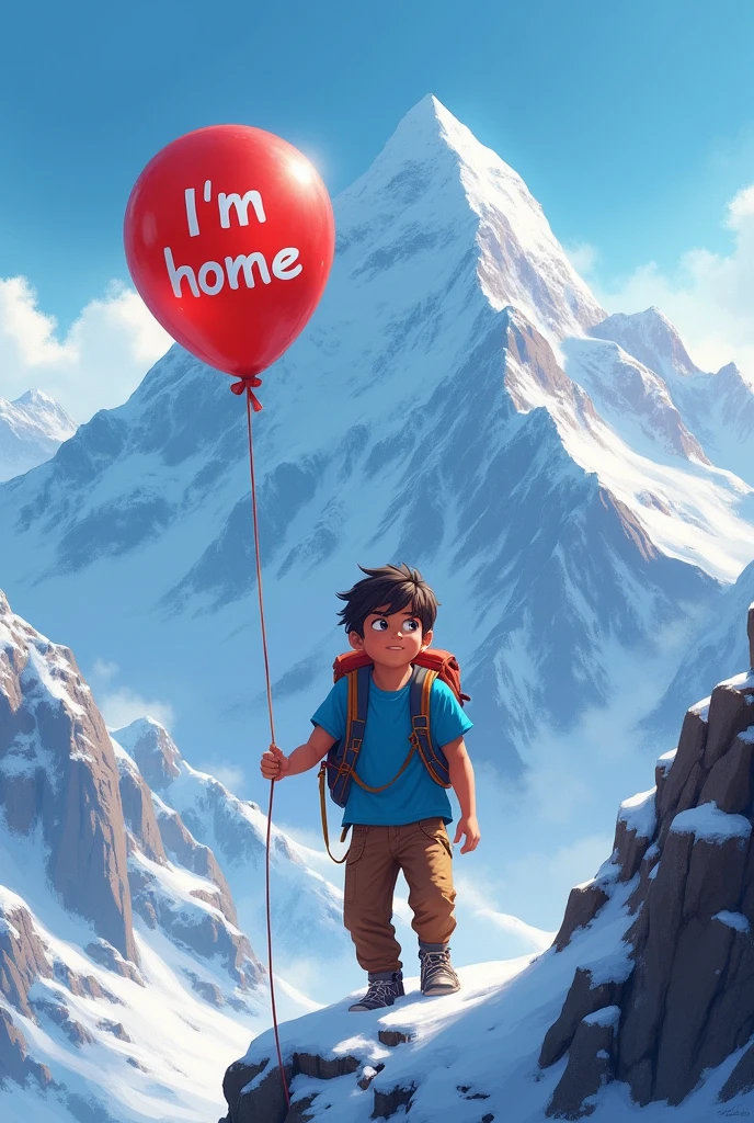 Generate an image of a boy climbing Mount Everest with a blue t-shirt and a balloon that says I'm home from bread