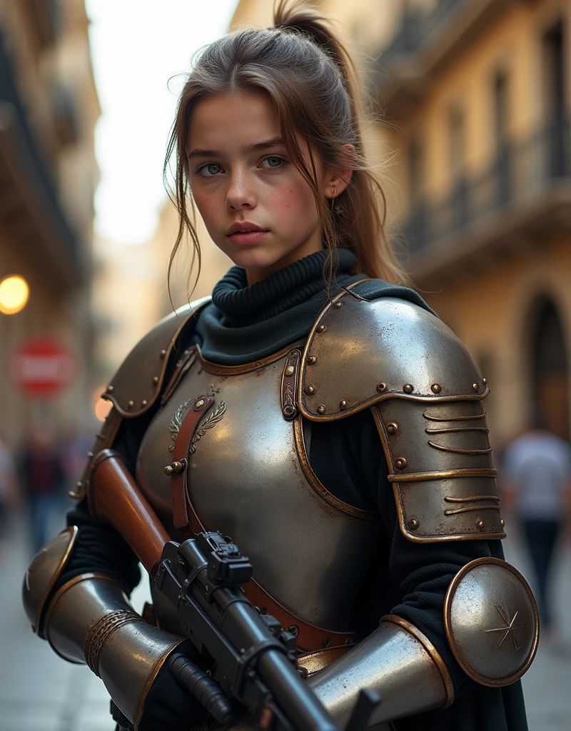 Cute girl in armor with gun in barcelona
