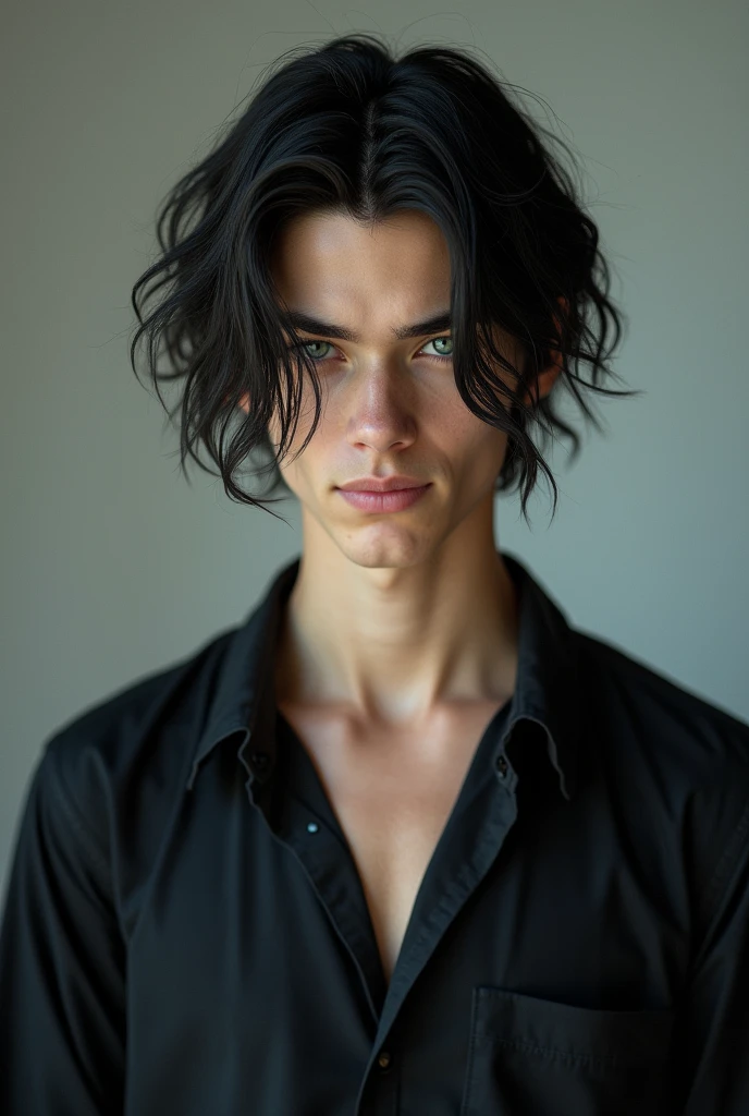A 1 guy, highschool/University student, handsome, long black hair, pale skin, blue eyes, standing in a door room, casual clothes, cocky smile, rival, enemy, close up, realistic