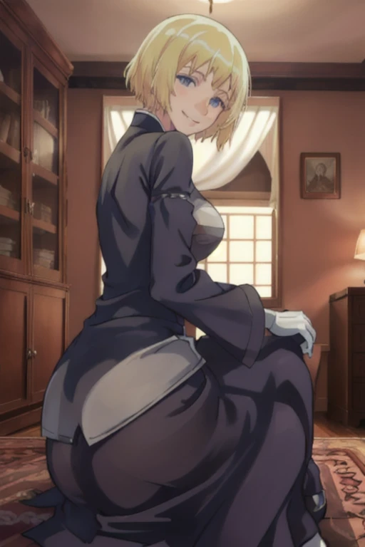 Solo, 1girl, orsolaAquinas, smile, short hair, blue eyes, blond hair, long sleeves, nun outfit, long skirt, medium breasts, white gloves, nun, habit, Masterpiece, Best Quality,room, bedroom, leaning back, posing, from behind, ass support looking at viewer, siting 