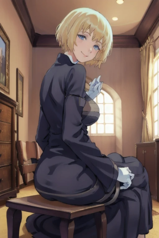 Solo, 1girl, orsolaAquinas, smile, short hair, blue eyes, blond hair, long sleeves, nun outfit, long skirt, medium breasts, white gloves, nun, habit, Masterpiece, Best Quality,room, bedroom, leaning back, posing, from behind, ass support looking at viewer, siting 