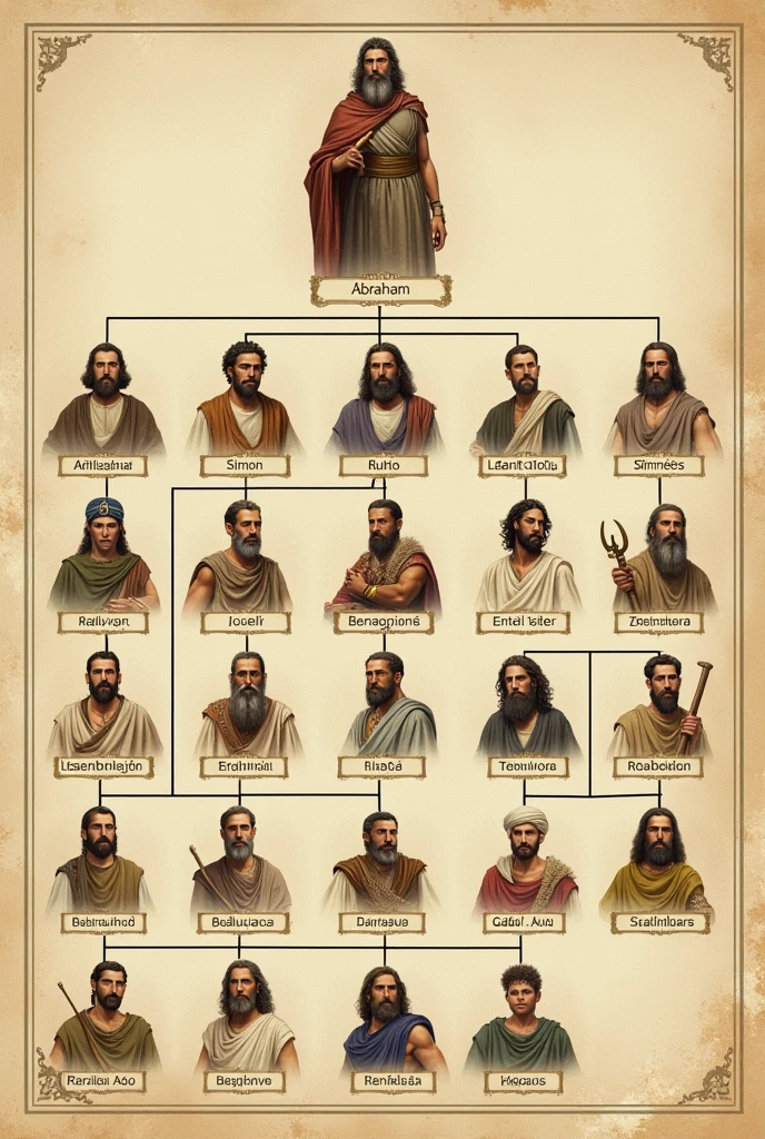 Can you create a family tree for me from Abraham to the sons of Jacob? . I forgot to put Abraham and Jacob&#39;s sons on the tree. Put all their names in Spanish. 