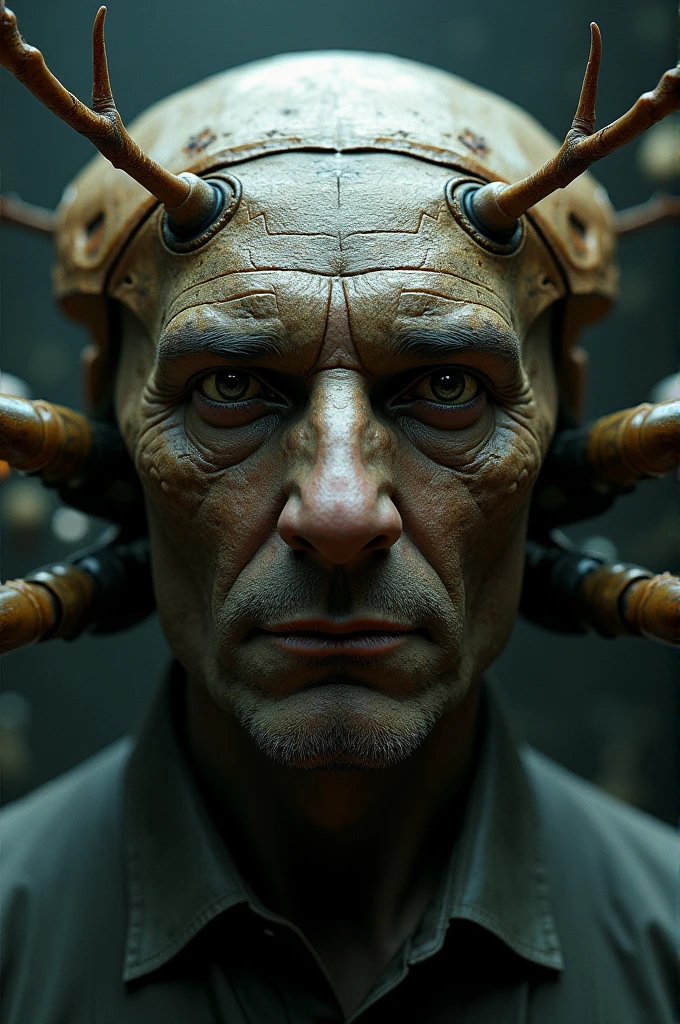 Create an AI character with aged features and shriveled skin, blending human-like and robotic elements. The character should have wrinkles and age spots, but include subtle hints of artificiality, such as glowing circuit patterns beneath the skin or metallic components visible at the edges. The background should be neutral to emphasize the character's unique hybrid appearance