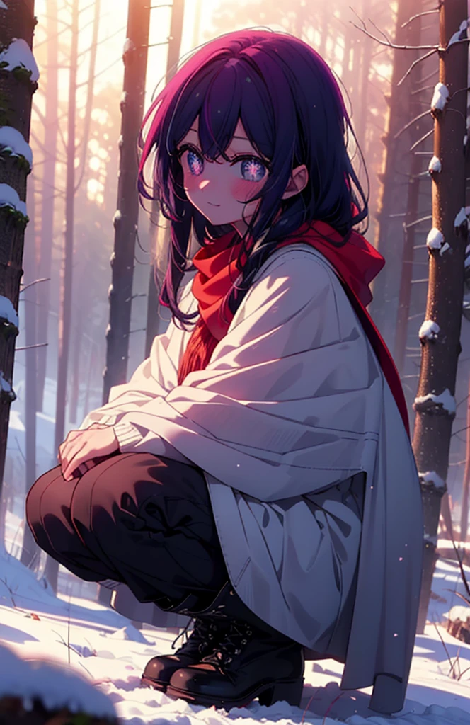 aihoshino, Ai Hoshino, Long Hair, bangs, (Purple eyes:1.1), Purple Hair, (Symbol-shaped pupil:1.5), smile,,smile,blush,white breath,
Open your mouth,snow,Ground bonfire, Outdoor, boots, snowing, From the side, wood, suitcase, Cape, Blurred, , forest, White handbag, nature,  Squat, Mouth closed, Cape, winter, Written boundary depth, Black shoes, red Cape break looking at viewer, Upper Body, whole body, break Outdoor, forest, nature, break (masterpiece:1.2), Highest quality, High resolution, unity 8k wallpaper, (shape:0.8), (Beautiful and beautiful eyes:1.6), Highly detailed face, Perfect lighting, Highly detailed CG, (Perfect hands, Perfect Anatomy),