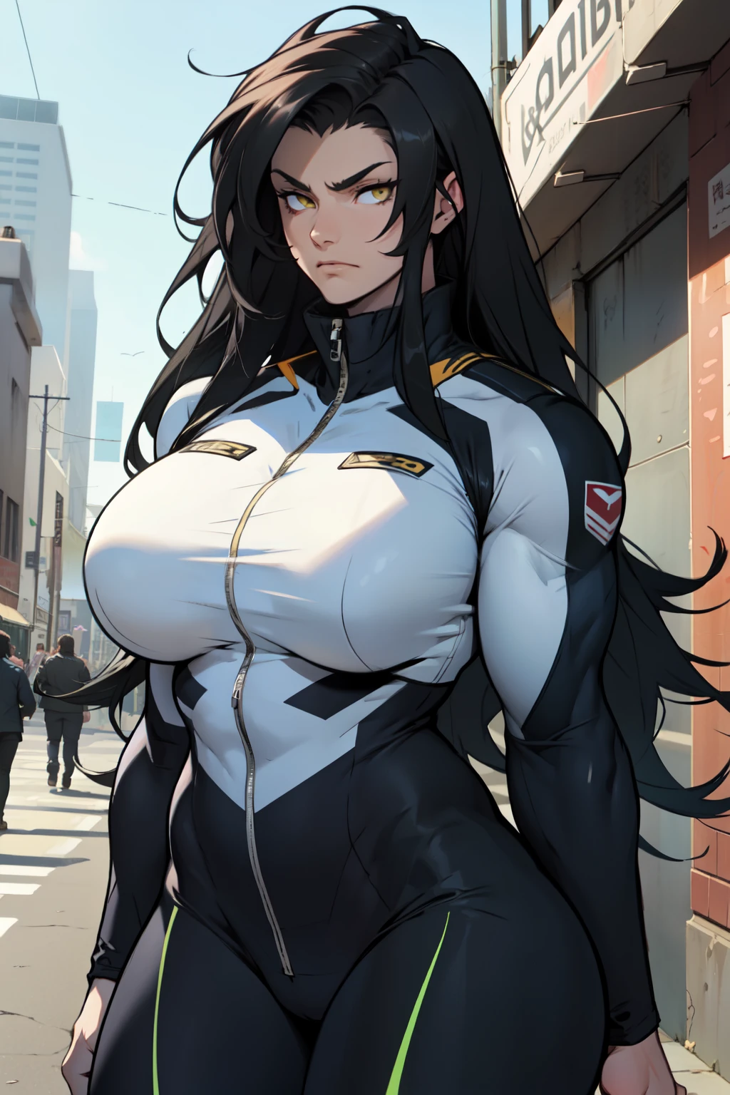 1 girl huge breasts muscular pale skin muscular muscular muscular black hair yellow eyes muscular muscular long hair long hair long hair long hair long hair long hair long hair long hair long hair long hair long hair long hair muscular muscular long long long long long long long long long bodysuit pilot suit thick thick thick thick thick thick thick thick thick thick thick thick thick thick frown