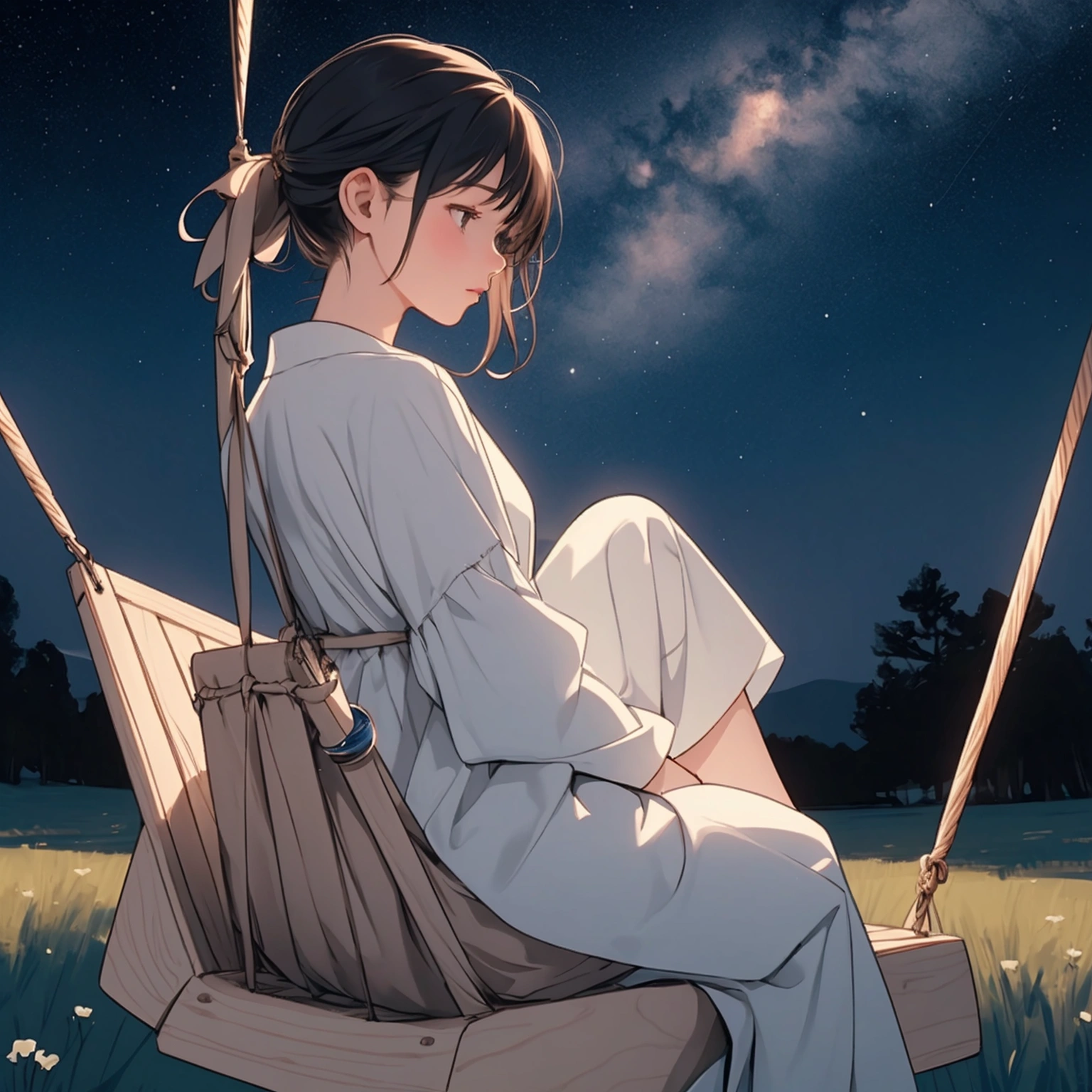 Drawing of a girl artist seen from behind in the distance., Very pensive sitting on a swing on a starry night, It makes it look like she&#39;s daydreaming.., very happy and at peace