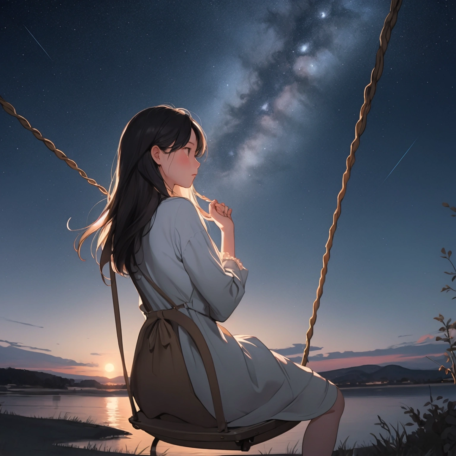 Drawing of a girl artist seen from behind in the distance., Very pensive sitting on a swing on a starry night, It makes it look like she's daydreaming.., very happy and at peace