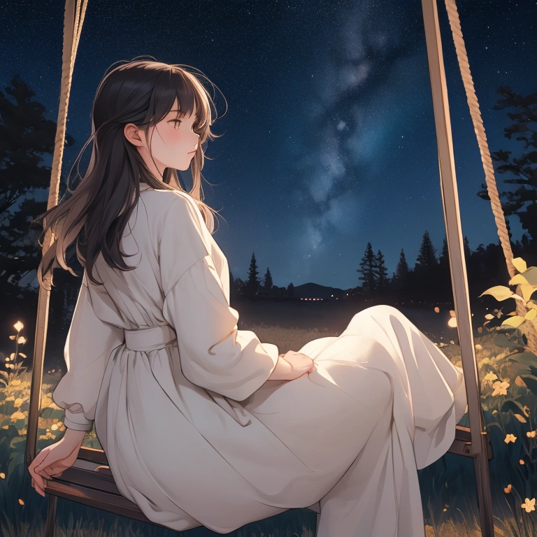 Drawing of a girl artist seen from behind in the distance., Very pensive sitting on a swing on a starry night, It makes it look like she&#39;s daydreaming.., very happy and at peace