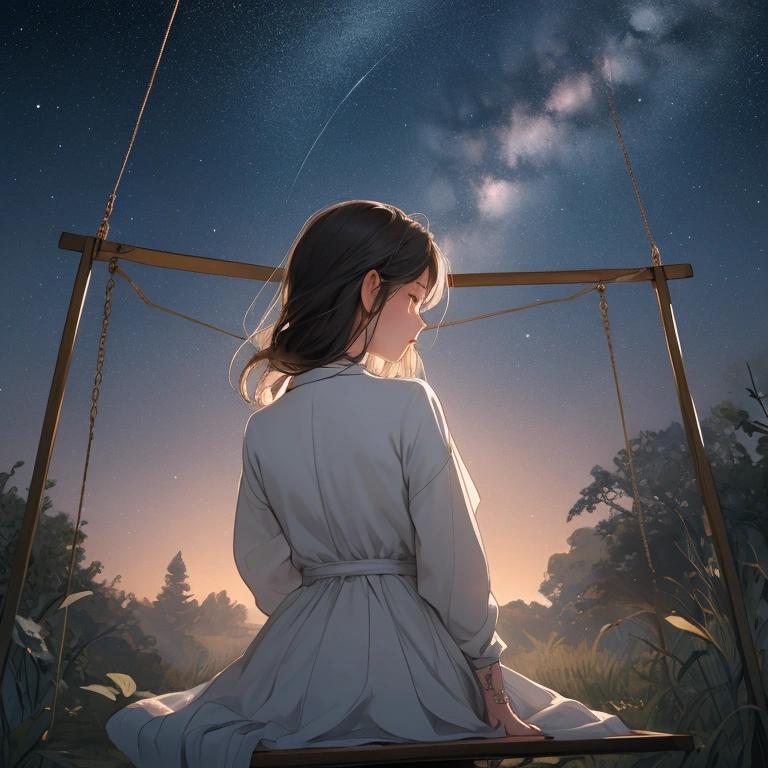 Drawing of a girl artist seen from behind in the distance., Very pensive sitting on a swing on a starry night, It makes it look like she's daydreaming.., very happy and at peace