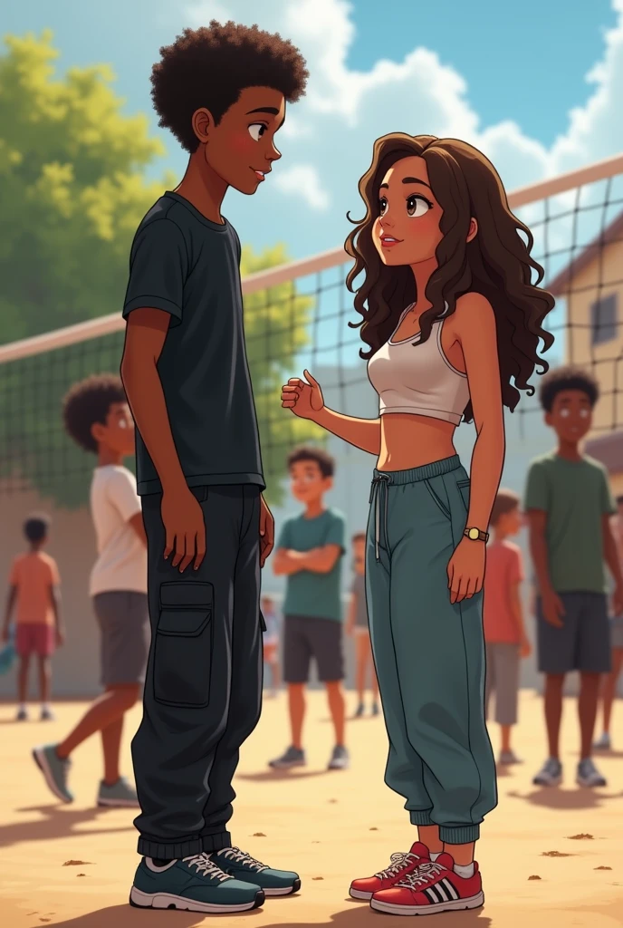 A tall brown boy with short curly brown hair in black cargo pants and a black shirt helping a very white, fat, short girl with long curly brown hair in a cropped top and baggy pants who got hit in the face by a ball in class, two teenagers and people around them playing volleyball 