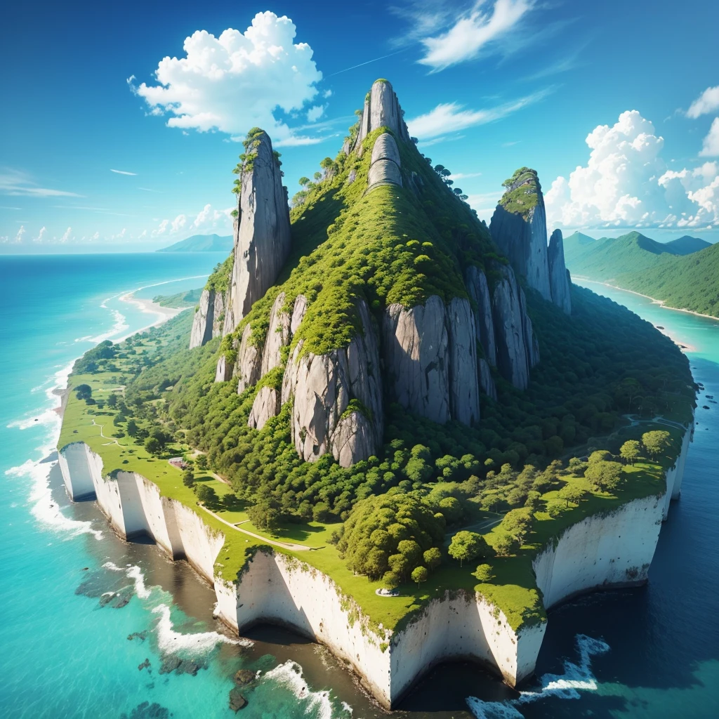 Create a landscape of an island seen from above, surrounded by trees and coconut trees, with a big mountain on top of the hill.
