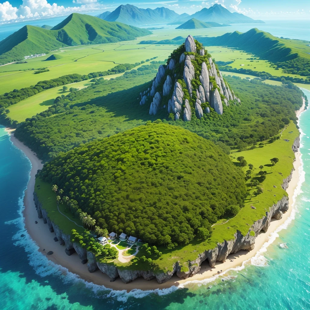 Create a landscape of an island seen from above, surrounded by trees and coconut trees, with a big mountain on top of the hill.