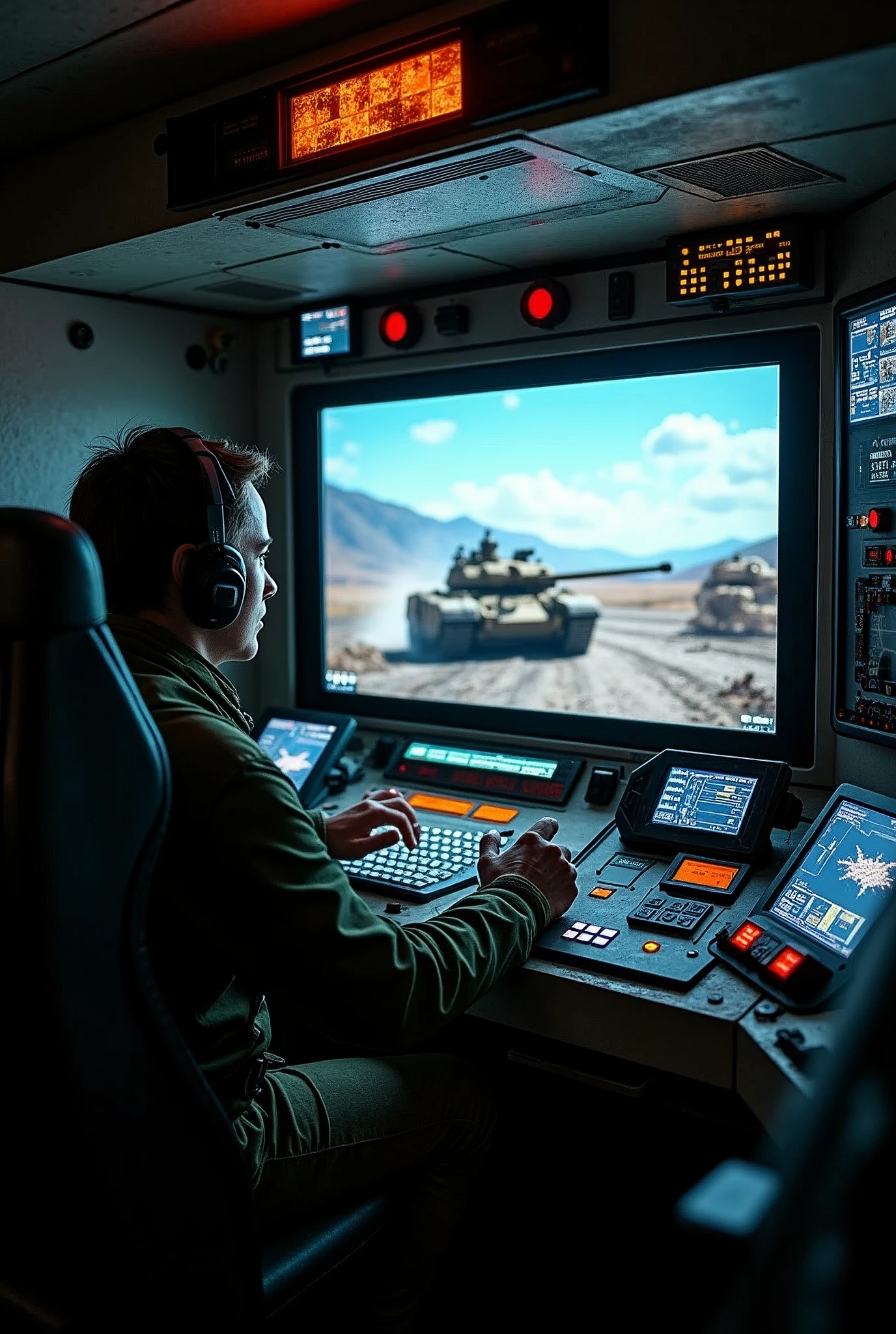 Create a breathtaking, ultra-high-definition artistic image that captures the intense and focused atmosphere inside a modern tank's commander hatch. | Visualize the interior of the tank's commander hatch, with detailed and realistic controls, buttons, and screens. The tank commander is seated, viewing an LCD monitor that displays a live feed of the battlefield. On the screen, a visible enemy tank is clearly outlined, adding a sense of urgency and tension to the scene. | The commander's perspective should be emphasized, showing his hands possibly gripping controls or interacting with the equipment, while the monitor glows with the digital image of the enemy tank. |The overall composition should emphasize the high-tech environment inside the tank, highlighting the contrast between the confined, high-tech interior and the dangerous, open battlefield visible on the screen. | The lighting should be dim, with the primary illumination coming from the glowing LCD monitor and various control lights inside the tank. The monitor's display should be detailed, with the enemy tank clearly visible, adding a sense of impending action. | The image should evoke a sense of tension and readiness, capturing the commander's focus and the technological sophistication of modern warfare, creating a visually compelling and immersive scene.