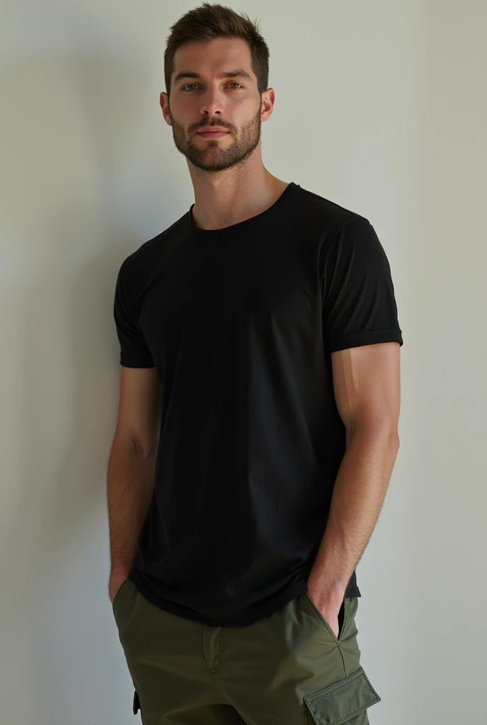 Man in black t-shirt and military pants