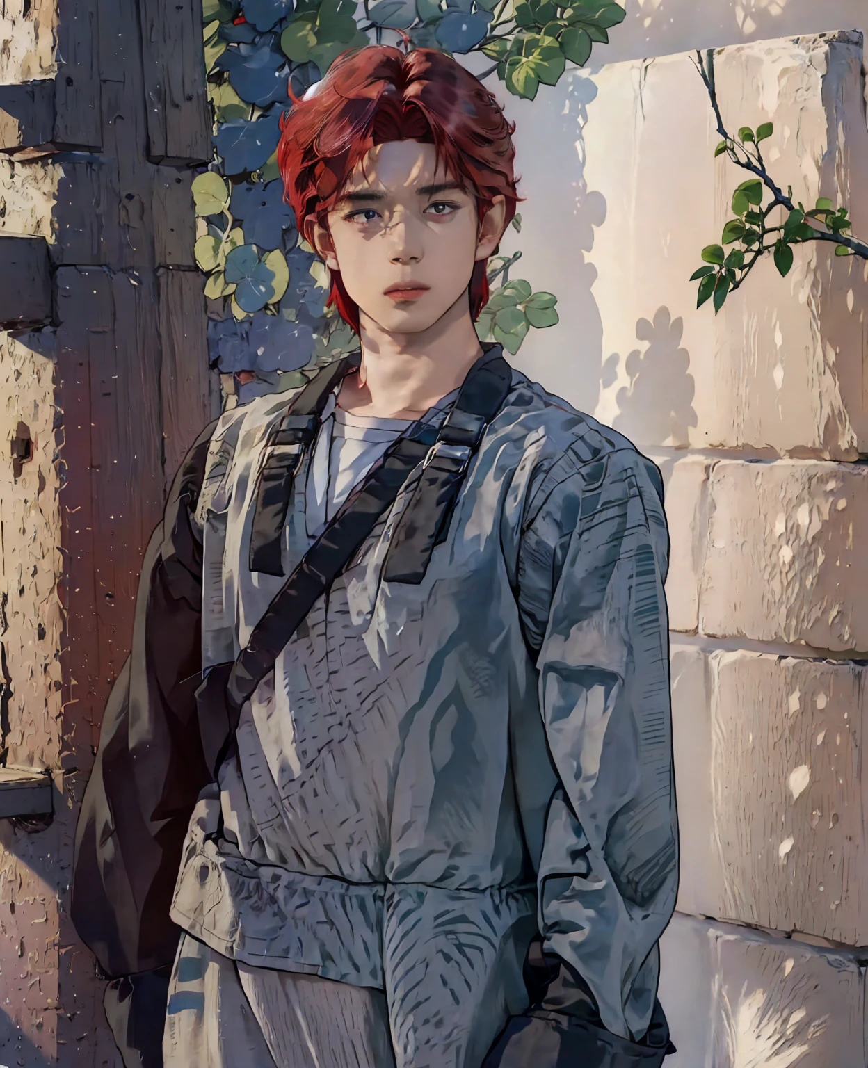 A young man with red hair and red eyes, wearing normal villager clothes, 1 man, detailed face, realistic, intricate clothing details, highly detailed, photorealistic, 8k, masterpiece, cinematic lighting, vibrant colors, dramatic shadows