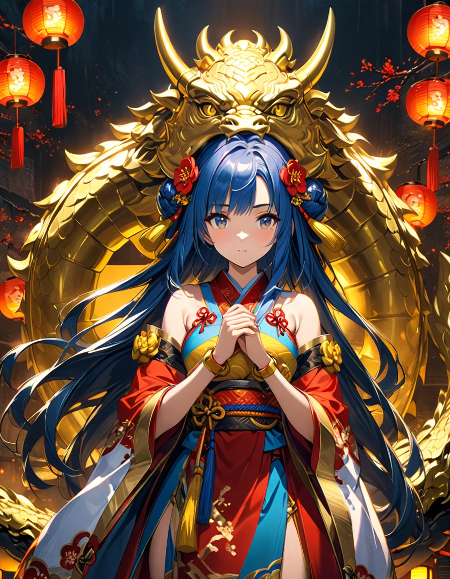 detailed textures, high quality, high resolution, high precision, realism, color correction, correct lighting settings, harmonious composition. A beautiful anime style illustration of an Asian girl with long hair, wearing yellow and blue , standing in front of a dragon head background surrounded by traditional symbols such as lanterns, couplets and gold ingots. The color scheme is bright and vibrant, creating a festive atmosphere for celebrating Lunar New Year. --ar 3:4 --niji 6
