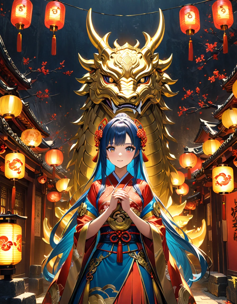 detailed textures, high quality, high resolution, high precision, realism, color correction, correct lighting settings, harmonious composition. A beautiful anime style illustration of an Asian girl with long hair, wearing yellow and blue , standing in front of a dragon head background surrounded by traditional symbols such as lanterns, couplets and gold ingots. The color scheme is bright and vibrant, creating a festive atmosphere for celebrating Lunar New Year. --ar 3:4 --niji 6