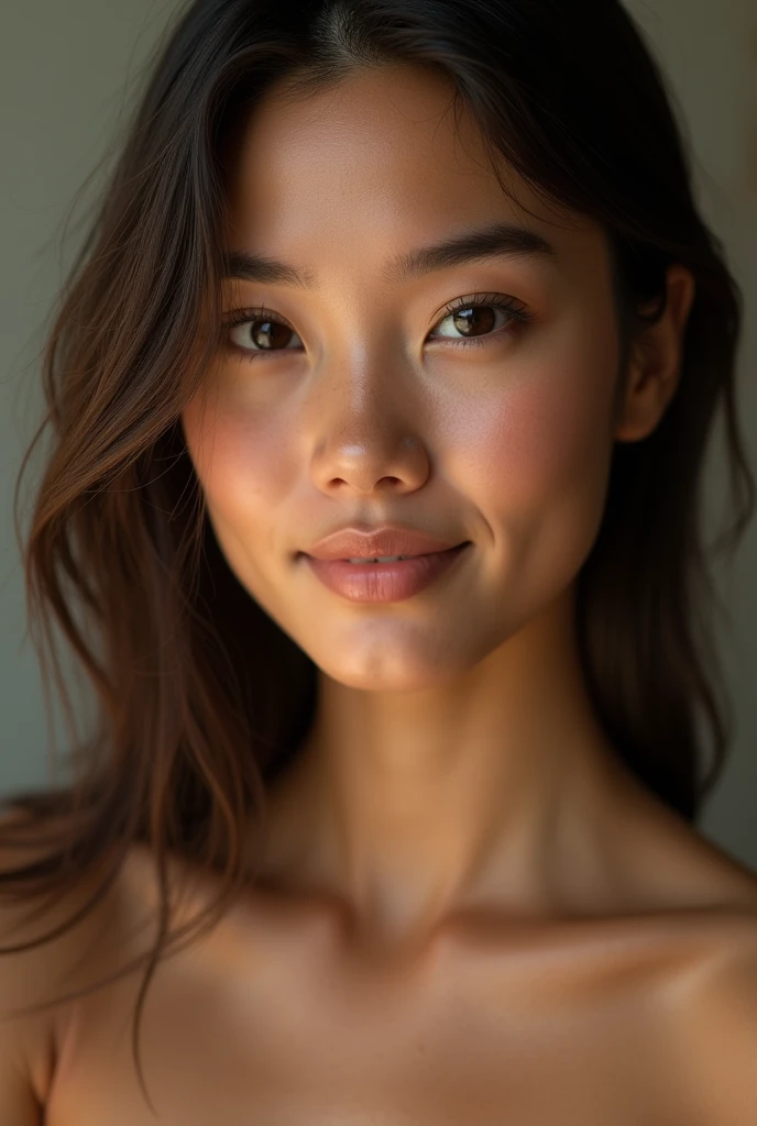 Really cute,   woman, olive skin, brunette, nude. She has smooth olive skin and round, expressive eyes with gently arched eyebrows. Her nose is small and soft, and her full, naturally curved lips often form a warm smile. Her cheeks are softly rounded, contributing to her youthful and approachable appearance.