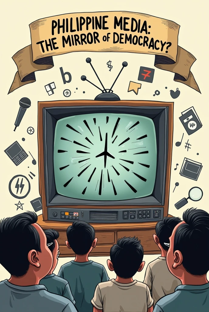 Political Cartoon Concept: Imagine a large, traditional TV set as the central figure, symbolizing the Philippine media. In front of the TV, there's a group of ordinary Filipino citizens, but they are shown with confused or overwhelmed expressions. The TV is surrounded by various icons and symbols representing different media roles: a microphone for reporting, a magnifying glass for investigative journalism, and a ballot box representing democratic engagement. However, the screen of the TV is fractured, showing conflicting images of sensationalism, entertainment, and biased reporting. A banner above the TV reads, "Philippine Media: The Mirror of Democracy?"
Draw this