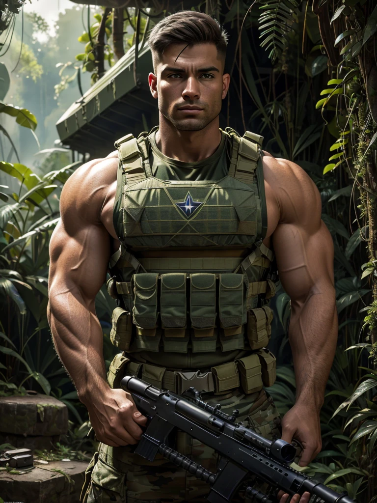 ultra-muscular North 1960' style American soldier, olive green camouflage military uniform, top tank t shirtbulletproof vest, carries a large heavy machine gun, is in an ultra detailed jungle, Ultra detailed, Hyper realistic, 4k, Ultra detailed image, realistic, Highly detailed, perfect composition , beautiful intricately detailed incredibly detailed, 8K fine art photography, hyper detailed, Masterpiece