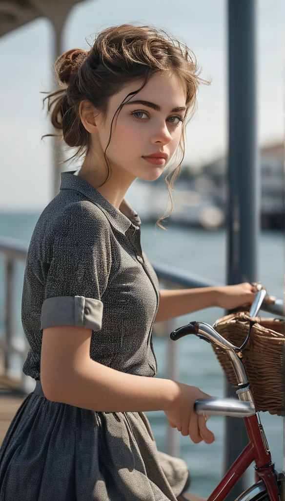 Surrealism:1.5,  Bokeh, young woman aesthetic, bicycle riding, pier, High-quality DSLR snapshots, High-definition film grain photo taken at f/16, ISO 100, With 200mm lens, Global Illumination, Fibonacci