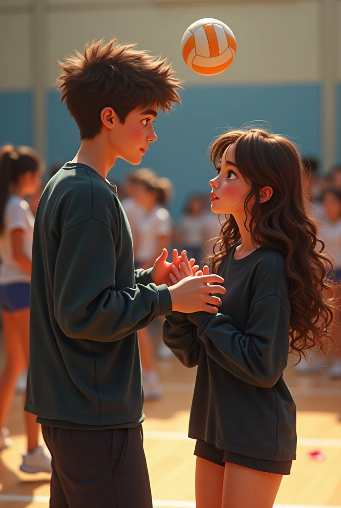 A tall brown boy with short curly brown hair in black cargo pants and a black shirt helping a very white, fat, short girl with long curly brown hair in a cropped top and baggy pants who got hit in the face by a ball in class, two agers and people around them playing volleyball