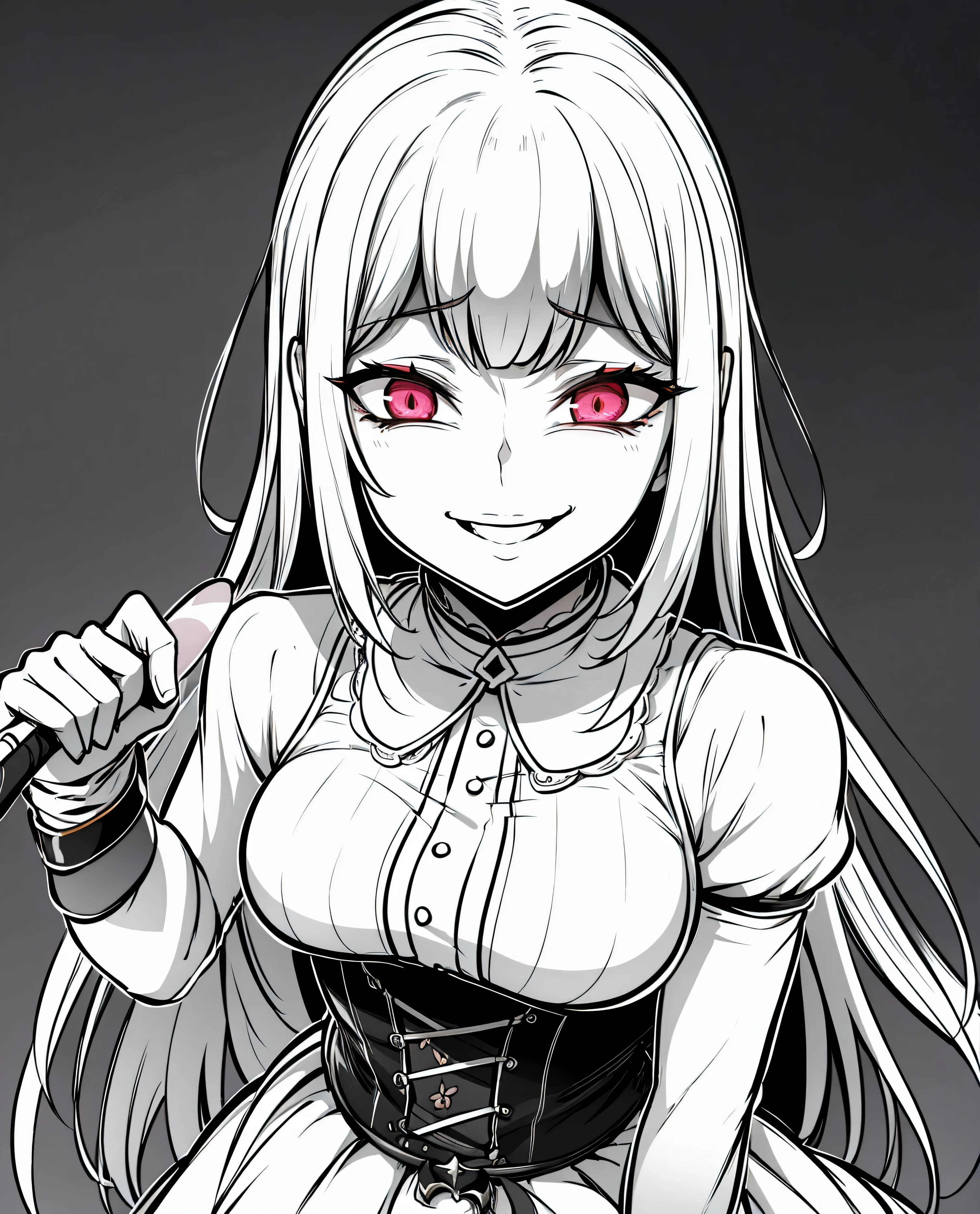 Close-up of a woman holding a knife and a dress, On pixiv, On pixiv Top Rated, , pixiv Contest Winner,Wicked Smile,Anxious smile, Pixiv 3DCG, Girl, daughter, 1 7 year old anime girl, ahegao, anime moe , Enchanting Anime Girl,latex,elbow gloves,