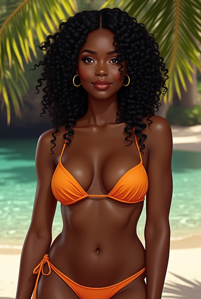 sensual african american slim robust body woman with asian features, dark skin and nice face, short elegantly styled dark reddish brown hair and light brown eyes. she wears a wine red bikini, black floral designs on top. Full Detailed Simple Comic Style 2D Model. she is on a beautiful beach at night