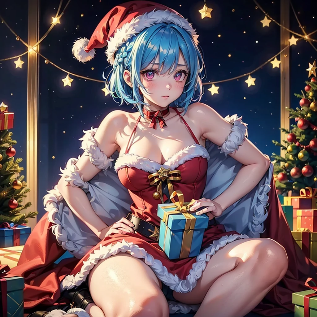 (Sky blue hair),(Braided short hair), (Pink Eyes),Fair skin) ,(whole body),(One Girl),(Gift boxes filling the background),(Santa Claus clothes),(Ahegao),Santa Claus hat,(Christmas Party),(masterpiece, Highest quality, Very detailed, Best Shadow), (Detailed Background), (Beautifully detailed face), High Contrast, (Best lighting, Very delicate and beautiful), ((Cinematic Light)), Hyper Detail,8k, Dramatic Light, Intricate details,(Christmas tree)